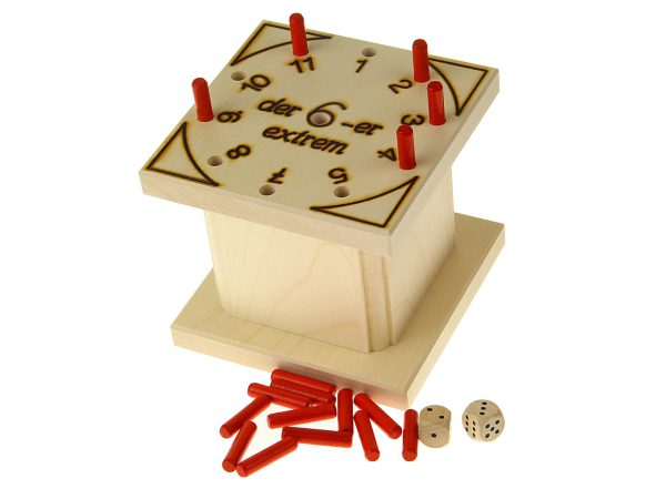 Holzspielzeug „6-er extrem“ mit Holzstäben und Würfeln für spannendes Spielen.