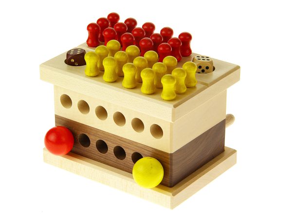 Bunte Holzspielzeugbox mit Spielsteinen und bunten Bällen für Kinder.