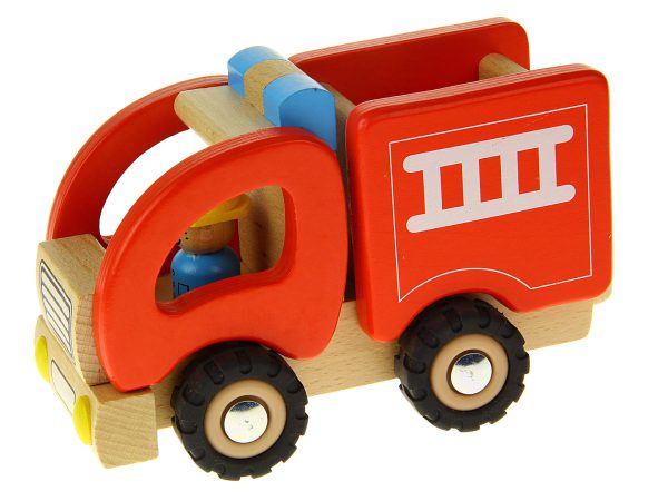 Roter Holzspielzeug-Lkw mit Fahrer, ideal für kinderfreundliches und sicheres Spielen.