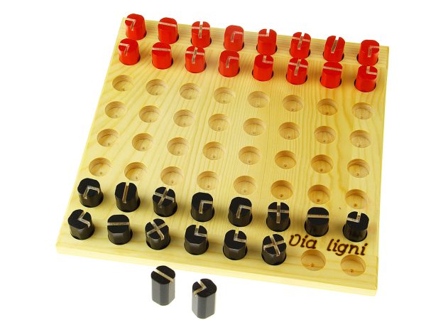 Brettspiel aus Holz mit roten und schwarzen Spielsteinen zum Spielen und Lernen.
