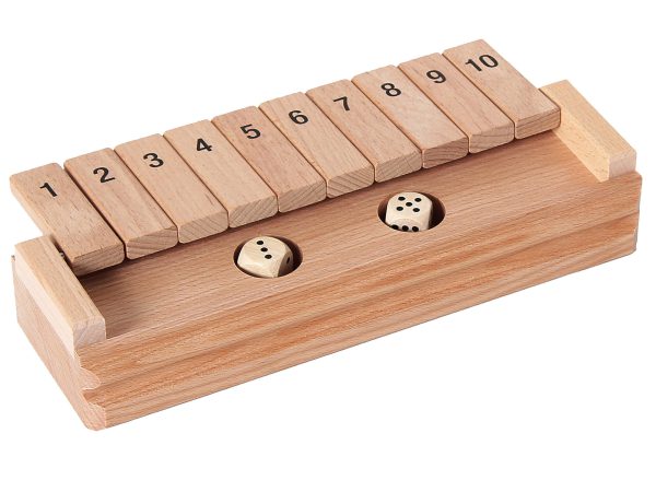 Holzspielzeug mit nummerierten Steinen und zwei Würfeln für kinderfreundliche Spiele.